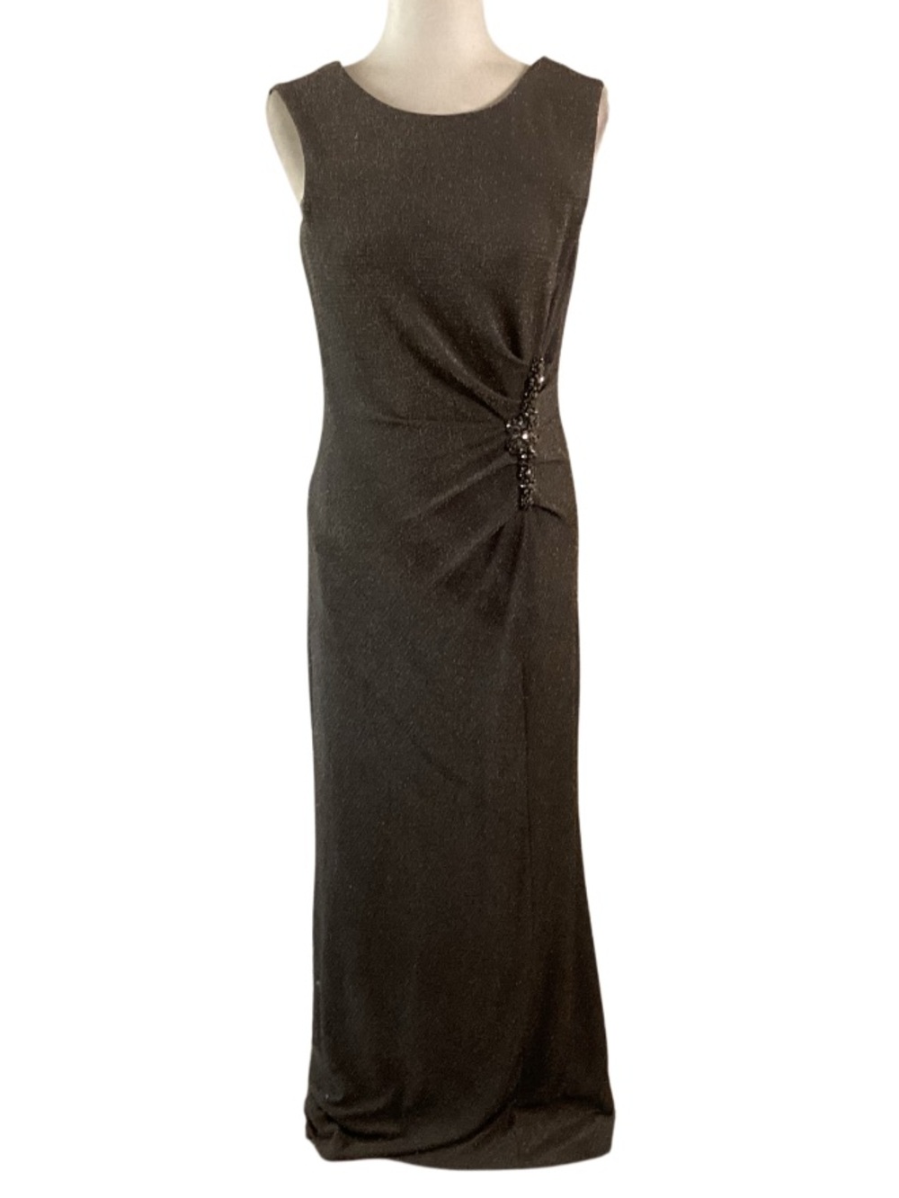 Alex Evenings Charcoal with Metallic Gold Overlay Evening Maxi Gown 8
